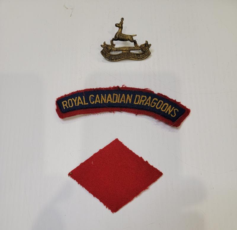 Royal Canadian Dragoons WWII Cloth Shoulder Title, Cap Badge and 2nd Corps Badge