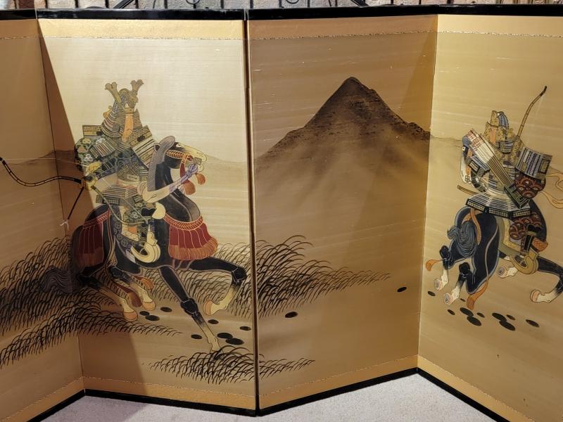 Japanese Screen of Two Mounted Samurai Warriors c.1930s or 40s